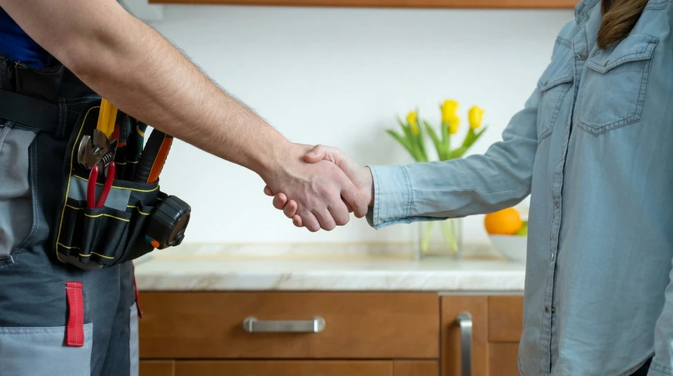 Plombier professionnel en combinaison de travail installant ou réparant un radiateur à ailettes blanc dans un appartement moderne